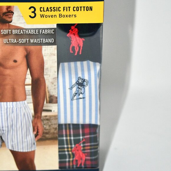 Polo Ralph Lauren Vertical Stripe/Plaid/Stripe & Football Woven Boxer Briefs 3-P - Picture 2 of 4